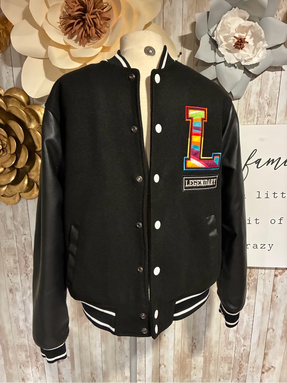 Black Varsity Jacket with Colorful 'L' Patch